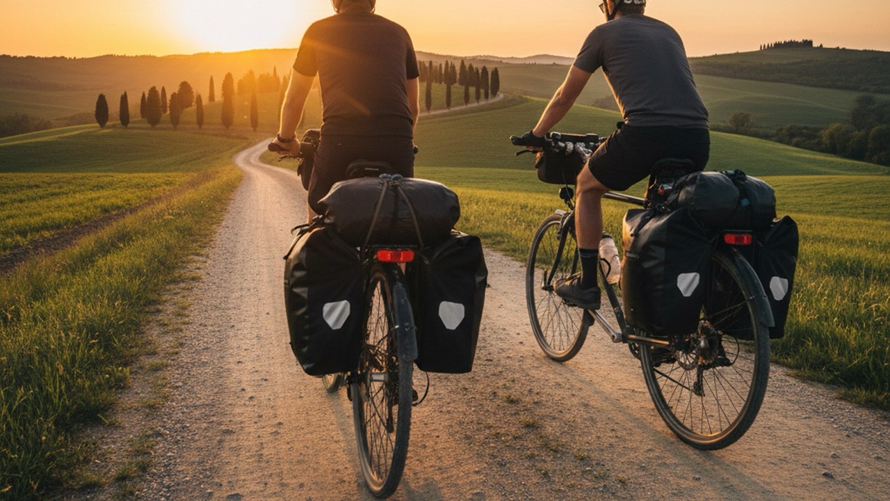 Couple cycling through Tuscan countryside at golden hour